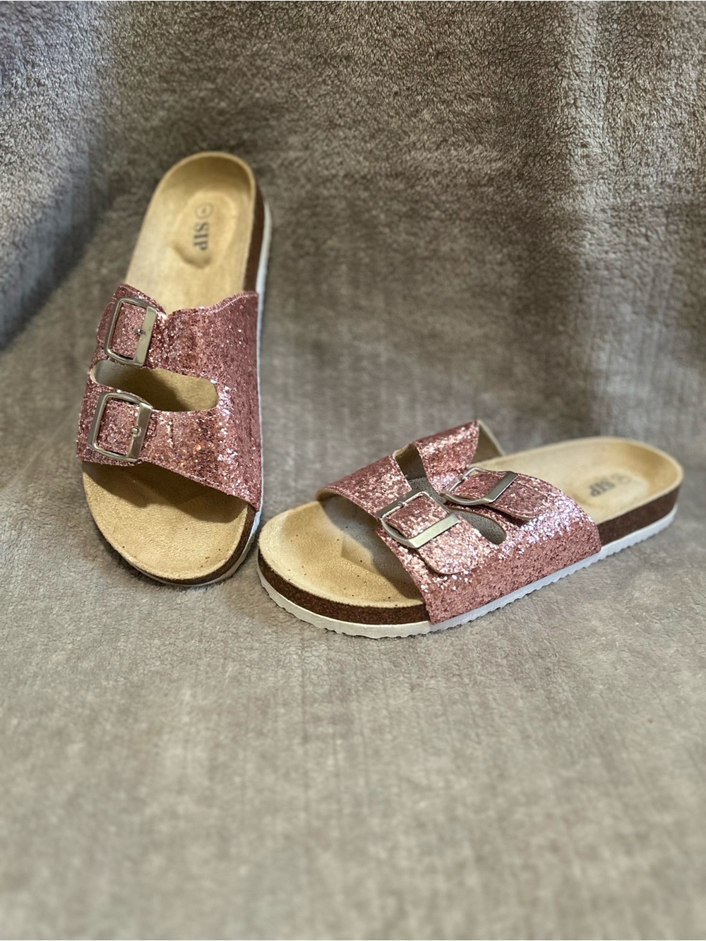 Sip N' Sparkle Girls' Rose Glitter Dual-Buckle Slide Sandals